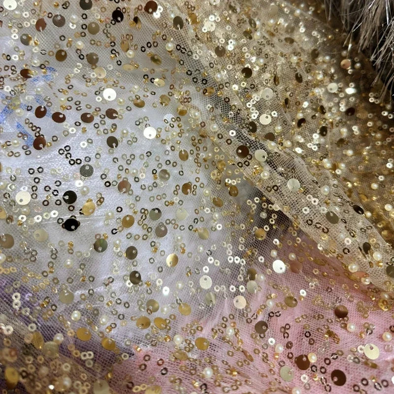 Gold Purple Red Embroidery Sequins Nail Bead Fabric Sewing Playing Dress Children's Clothing Transparent Mesh Fabric