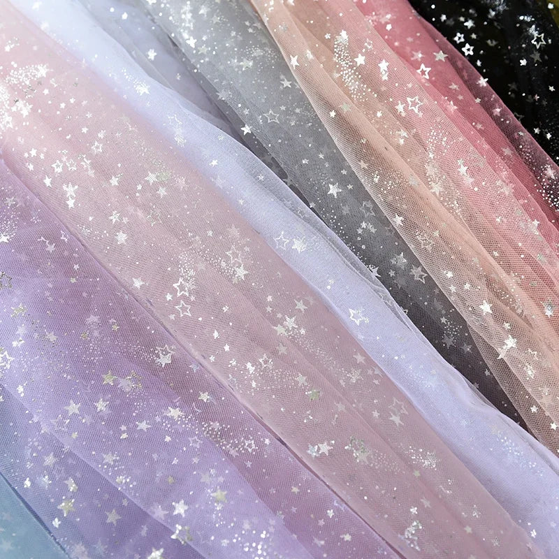 Tela de tul dorado con estrellas, color rosa, azul y morado, con purpurina brillante y bronceado, para manualidades de costura, decoración de fondo para bodas, fiestas de cumpleaños