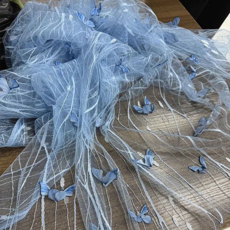 Tela de malla bordada con encaje de mariposa 3D, tela transparente colorida para vestido de novia, velo, decoración de escenario
