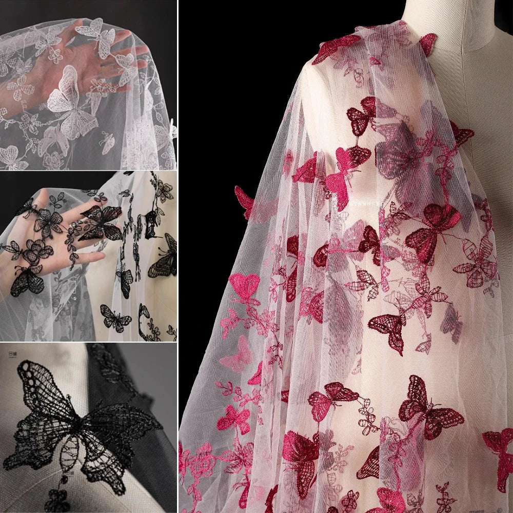 قماش شبكي مطرز يدويًا على شكل فراشة من الدانتيل الزهري ثلاثي الأبعاد لفساتين الزفاف، مادة حرفية للخياطة الإبداعية