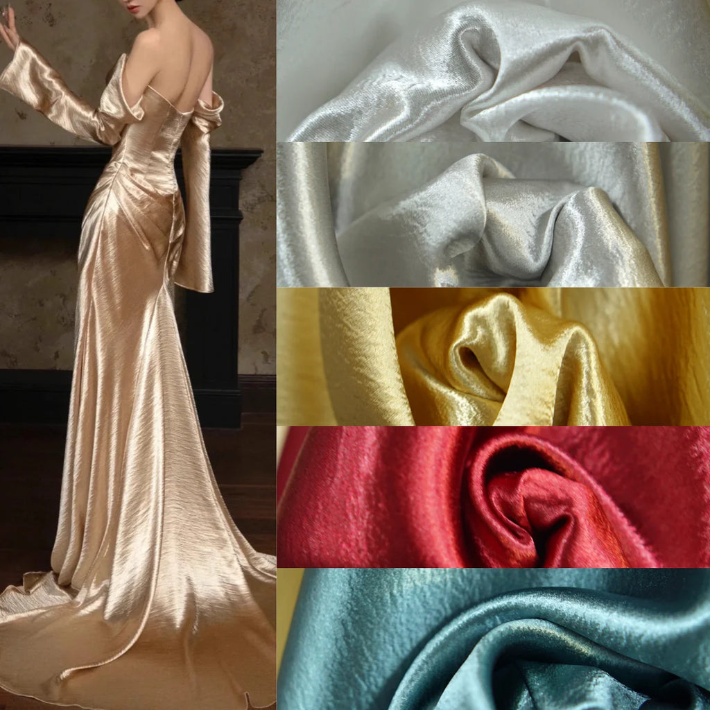 Camisa de tela suave de crepé doble dorado y plateado, vestido de diseñador, tela de costura DIY hecha a mano