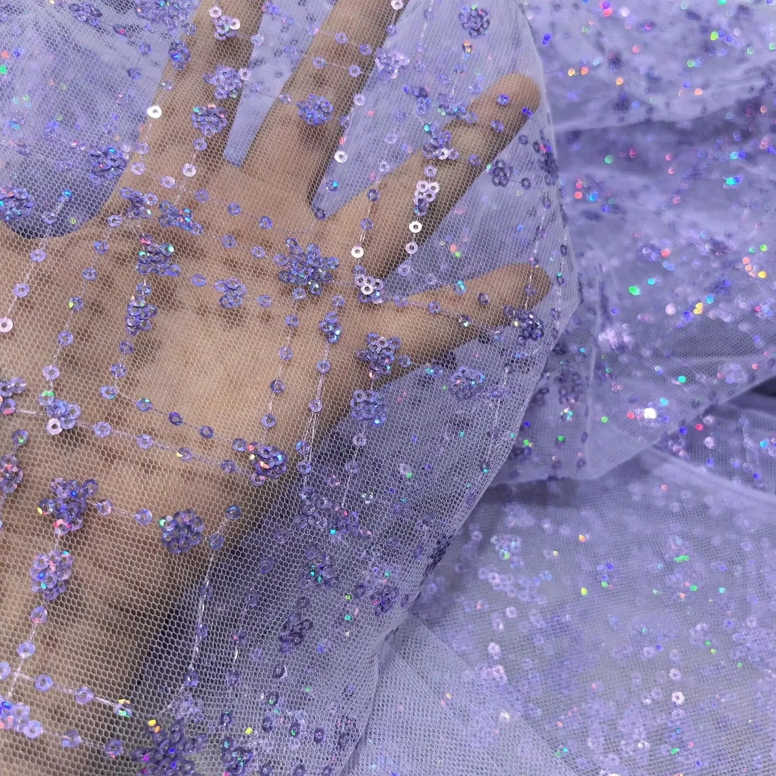 Crystal net lace iridescent silver glitter fabric for princess dress shiny embroidery bright silk mesh fabric for  costume DIY