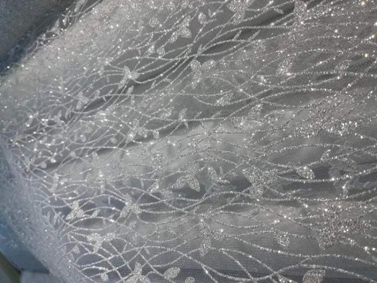 New Shiny Leaf Spray Silver Hot Stamping Transparent Mesh Wedding Dress Fabric Fabric Clothing Accessories
