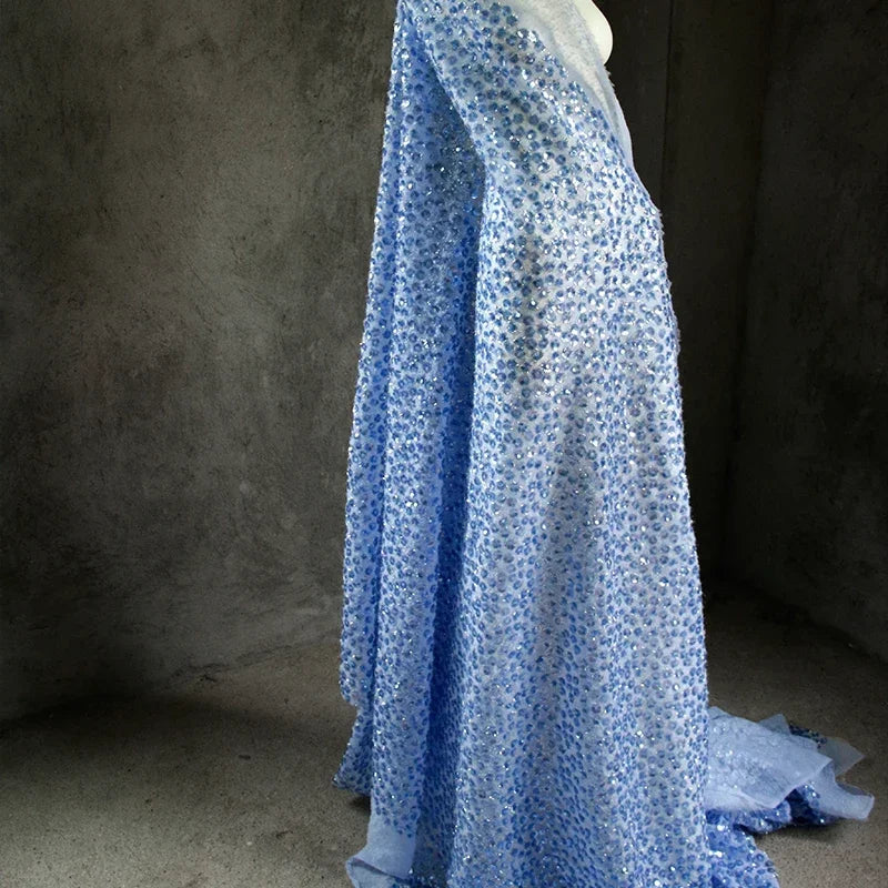 Tela de felpa azul de alta gama con bordado de cuentas y lentejuelas para costura de ropa de escenario, diseño de ropa infantil