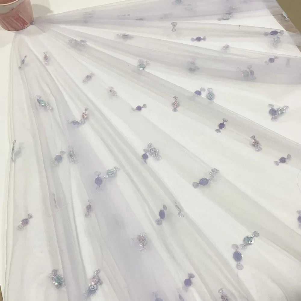 Tela ligera y suave con bordado de cuentas, ropa infantil con dulces frescos y coloridos, accesorios para el cabello, tela de malla de encaje para faldas.