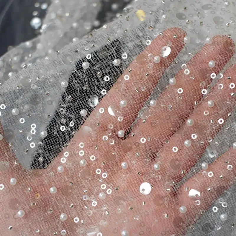 1.5m Wide Encryption Various colors Bead Embroidery Sequin Mesh Lace Fabric for Wedding Dresses Stage Clothing