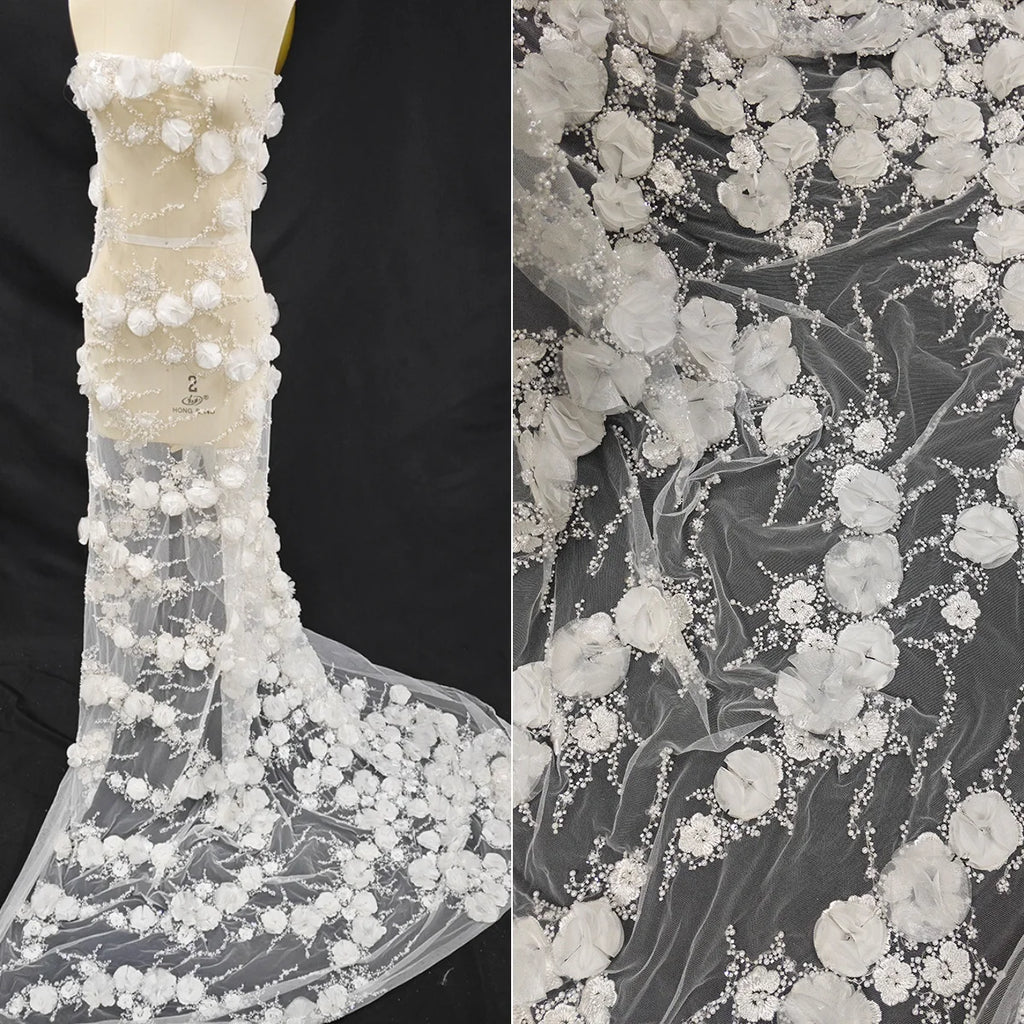 Nueva tela blanca tridimensional con bordado de cuentas para boda, tela de diseño de encaje para vestido de novia cosida