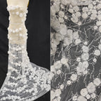 Nueva tela blanca tridimensional con bordado de cuentas para boda, tela de diseño de encaje para vestido de novia cosida