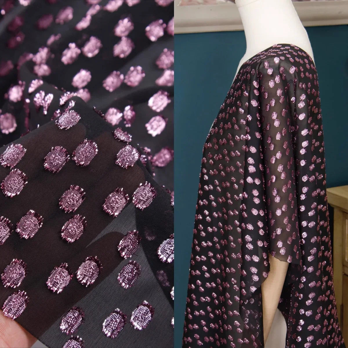 Purple Red Wavelet Embroidery Semi Transparent Black Chiffon Fabric - Designer Material 140cm