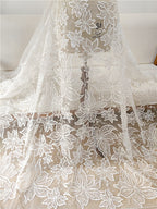 Tela de malla bordada con cuentas de encaje blanco para uñas, hecha a mano, para decoración de vestidos de novia y ropa.