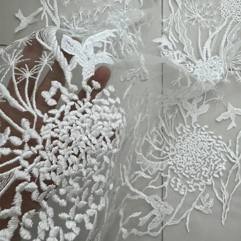 New Style Fresh Characteristic Polyester Thread Bird Pattern Lace Embroidery Sheer Gauze Fabric DIY Wedding Dress Formal Wear