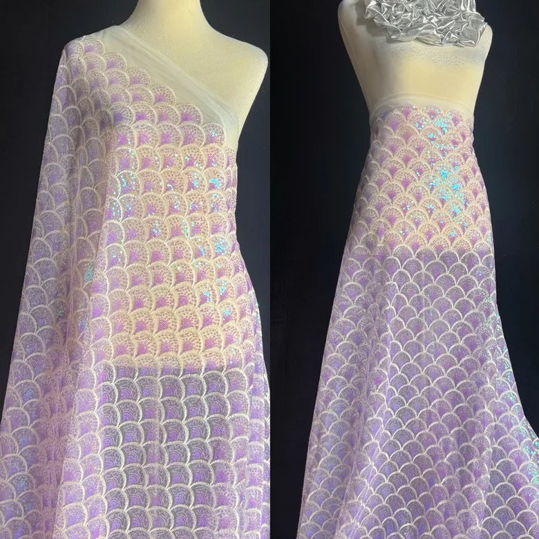 Mermaid Fish Scale Sequin Lace Mesh Fabric - Iridescent Holographic
