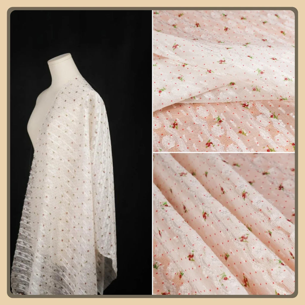 شيفون أورجانزا جاكار دانتيل منقط وردي - خامة زهرية شفافة