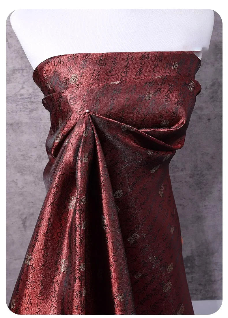 Premium Brocade Satin Fabric - Embroidered Calligraphy Design Material