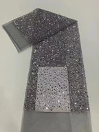 Tela de malla con bordado de perlas y lentejuelas dispersas, adorno de perlas, hecha a mano, para vestido de novia, velo y falda.