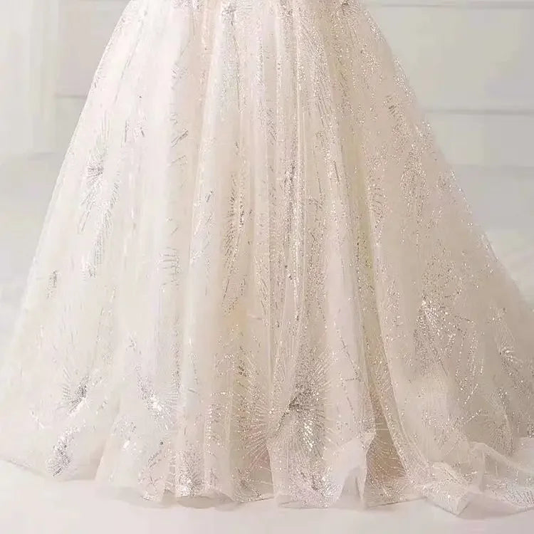 White Embroidered Gold Sequin Lace Fabric - Wedding Material 130cm