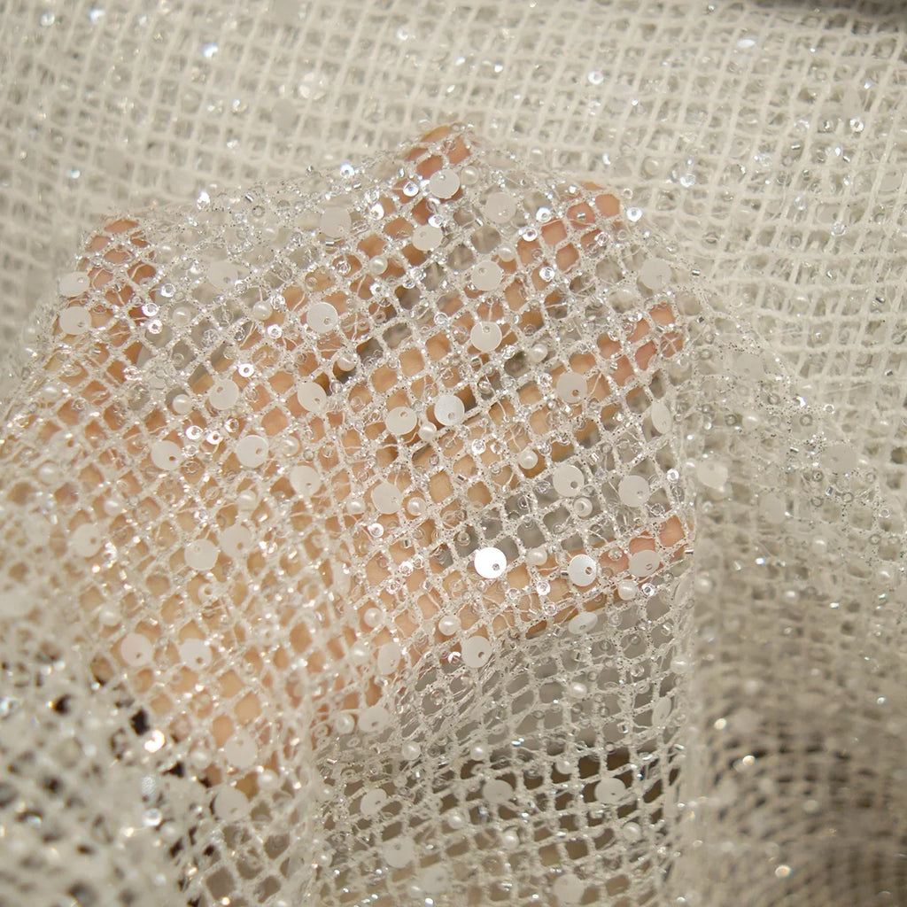 White Glitter Sequin Mesh Fabric for Bridal and Evening Gowns
