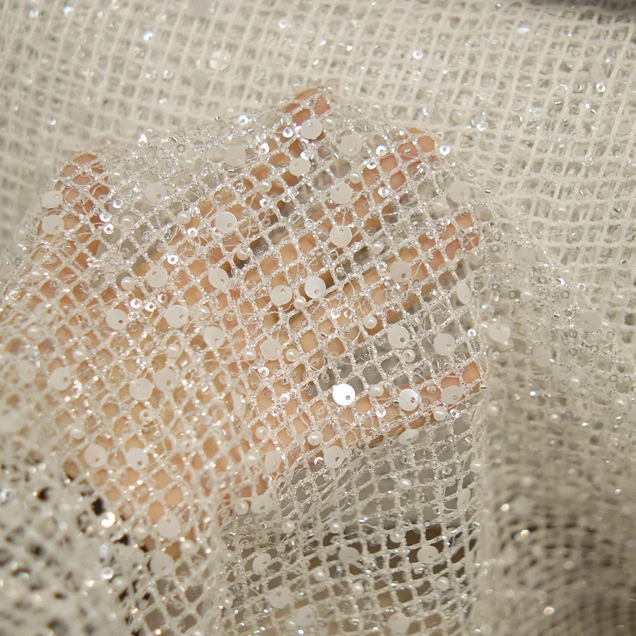 White Sequin Mesh Fabric - Elegant Sparkling Net Material