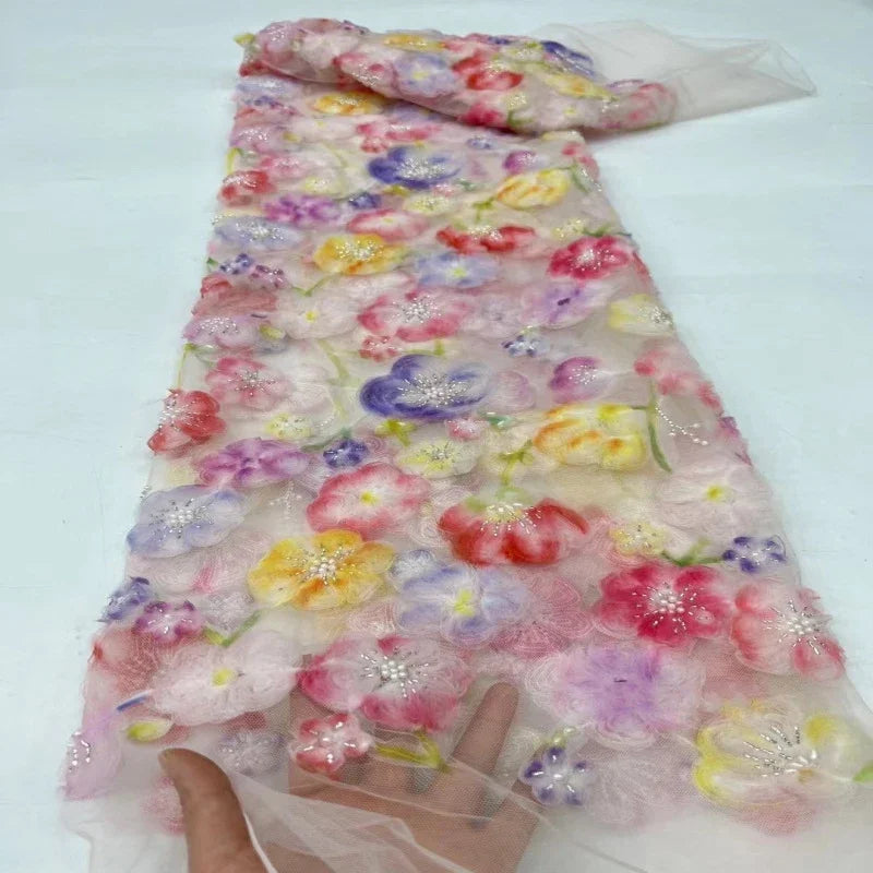 3D Ribbon Embroidered Beaded Flower Mesh - Evening Gown Tulle Fabric
