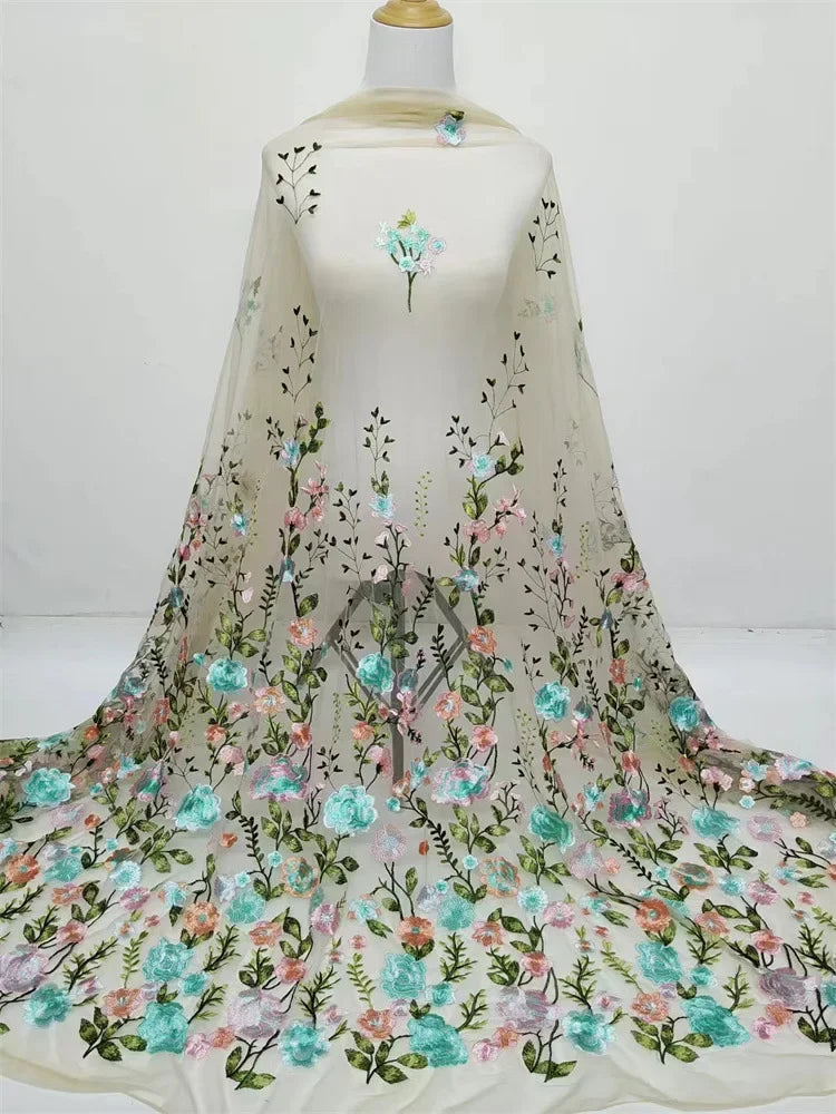 Tela bordada de malla rosa, tela bordada de peonía multicolor, tela bordada para coser vestidos de noche, tela bordada DIY, personalización
