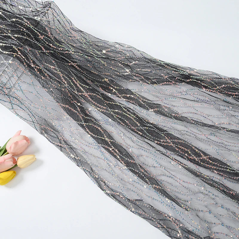 Tela bordada con lentejuelas onduladas, malla ondulada, tela con bordado de cuentas, para vestidos de novia, vestidos y vestuario escénico.