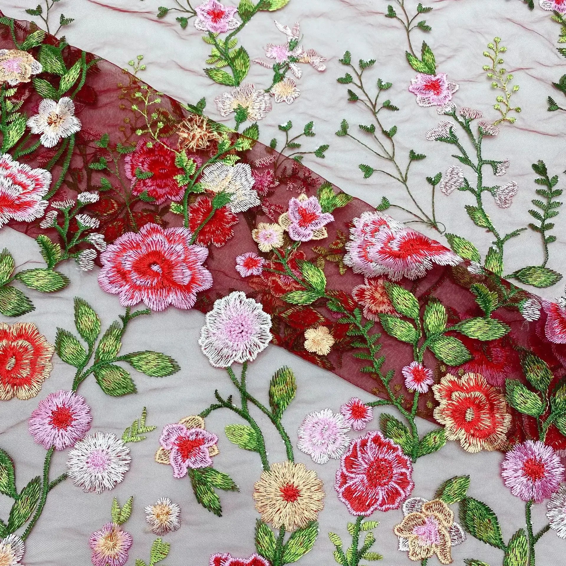 Tela bordada de malla rosa, tela bordada de peonía multicolor, tela bordada para coser vestidos de noche, tela bordada DIY, personalización