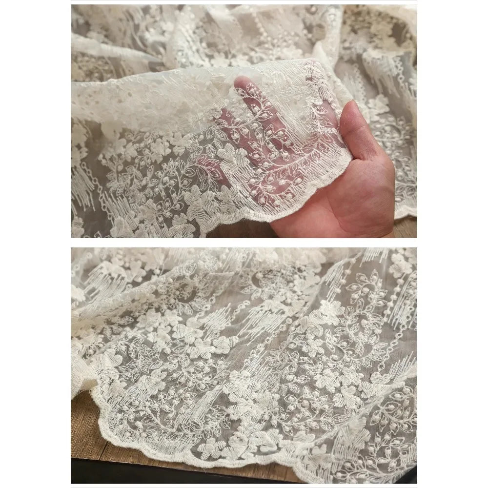 Beige Morning Glory Lace Embroidered Tulle Fabric Gradient Sheer For Wedding Dresses Bride Dress French Couture Textile