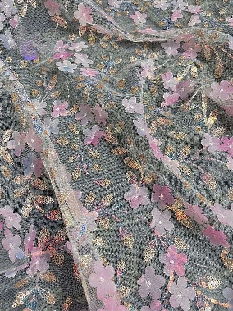 Tela de red bordada con flores 3D rosas y lentejuelas para vestido de novia, cheongsam, ropa hecha a mano, material de bordado de encaje