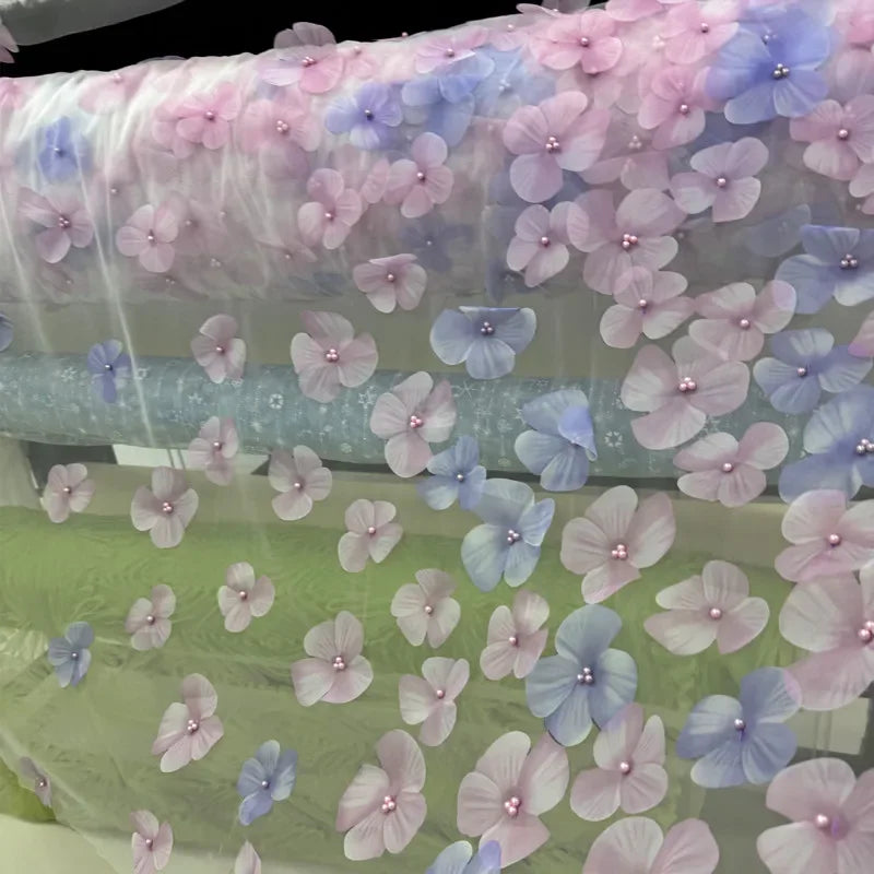 Dreamy Gradient 3D Floral Pearl Mesh Fabric Colorful Embroidered Tulle Soft Sheer Material For Bridal Dress Stage Decoration DIY