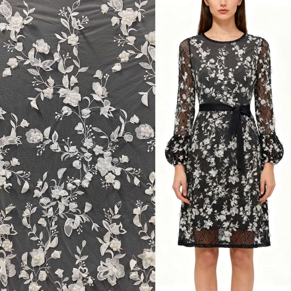 Tela de malla suave para vestido de boda, con bordado tridimensional de flores y cuentas de uñas en blanco crudo