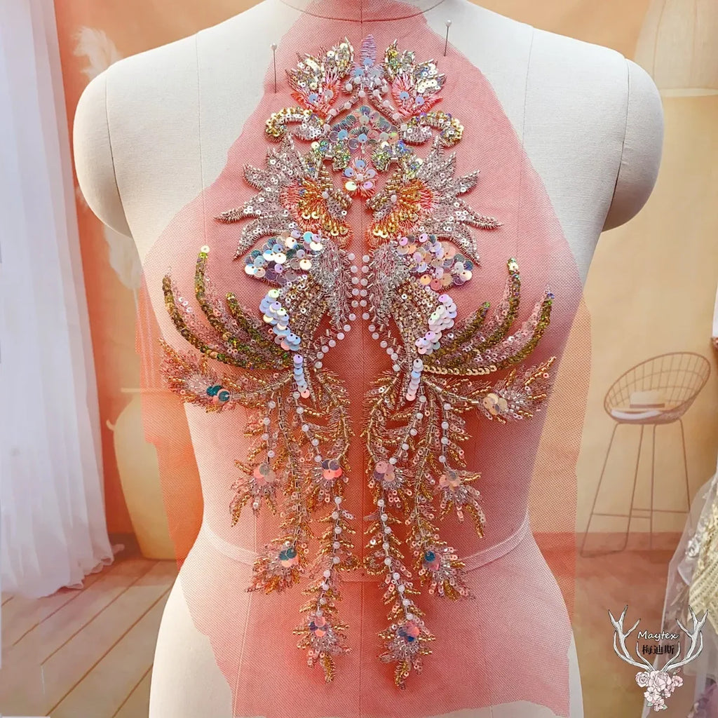 Champagne Gold Fish Scale Sequins Bead Embroidery Lace Wedding Dress Evening Gown Stage Costume DIY Sewing Accessories