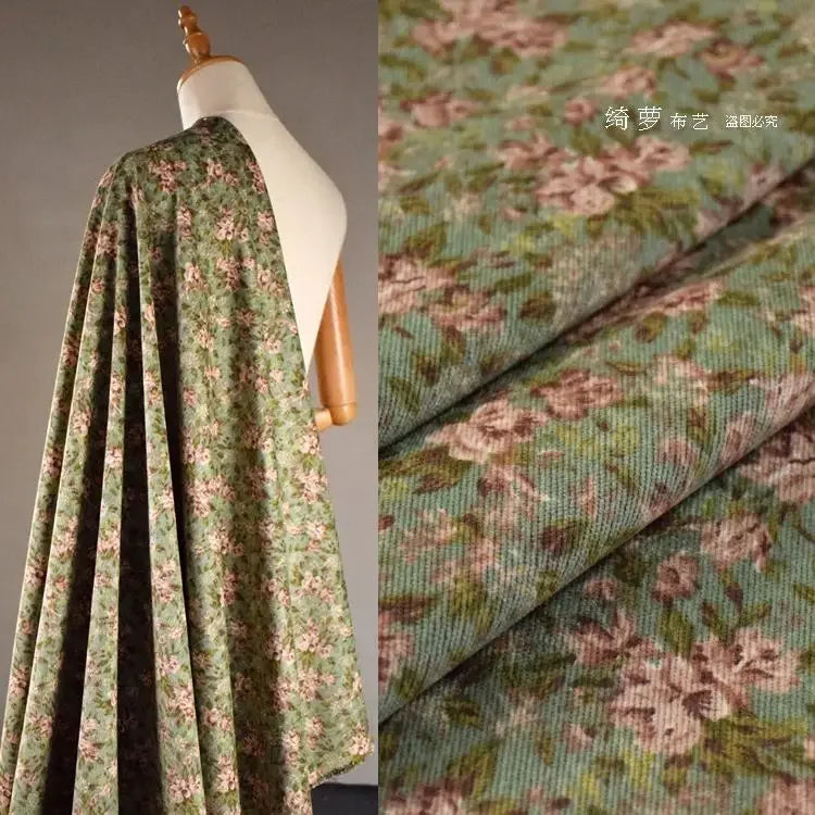 Colorful Corduroy Printed Fabric - Fresh Floral Striped Velvet 145cm