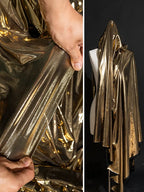 قماش معدني سائل مع نسيج لامع لامع مرن محبوك فضي عاكس تنورة حمالة فستان مصمم من القماش