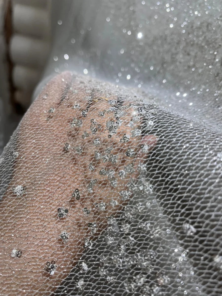 Flash base, white grid sequins, hot stamping, silver spray, fine flash wedding dress fabric, fabric