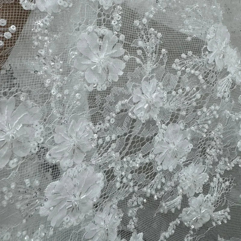 High End Nail Bead Sequin Flower Embroidery Lace Fabric Sewing Wedding Dress Evening Gown Lace Transparent Mesh Diy