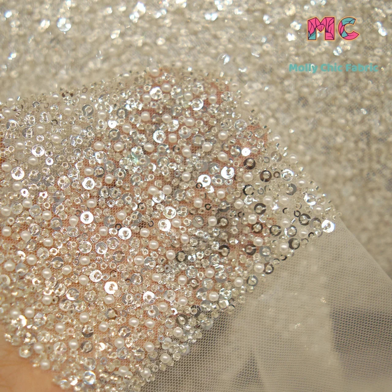 High-End Bead Embroidery Sequins Crystal Mesh Fabric - Luxury Material 130cm