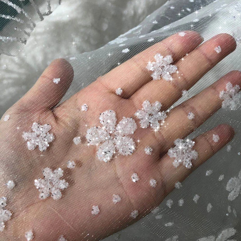 Renewal 3D Snowflake Flower Glitter Silver Spray Transparent Tulle Fabric for Home Decor Wedding Dress Making