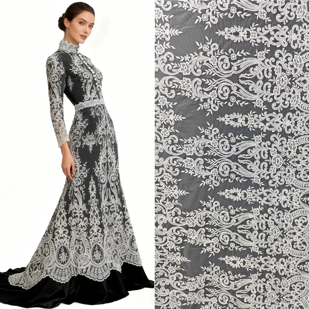Tela de malla de encaje bordado blanco crudo de alta gama, diseño de vestidos de novia hechos a mano, accesorios de bricolaje, telas de decoración de ropa