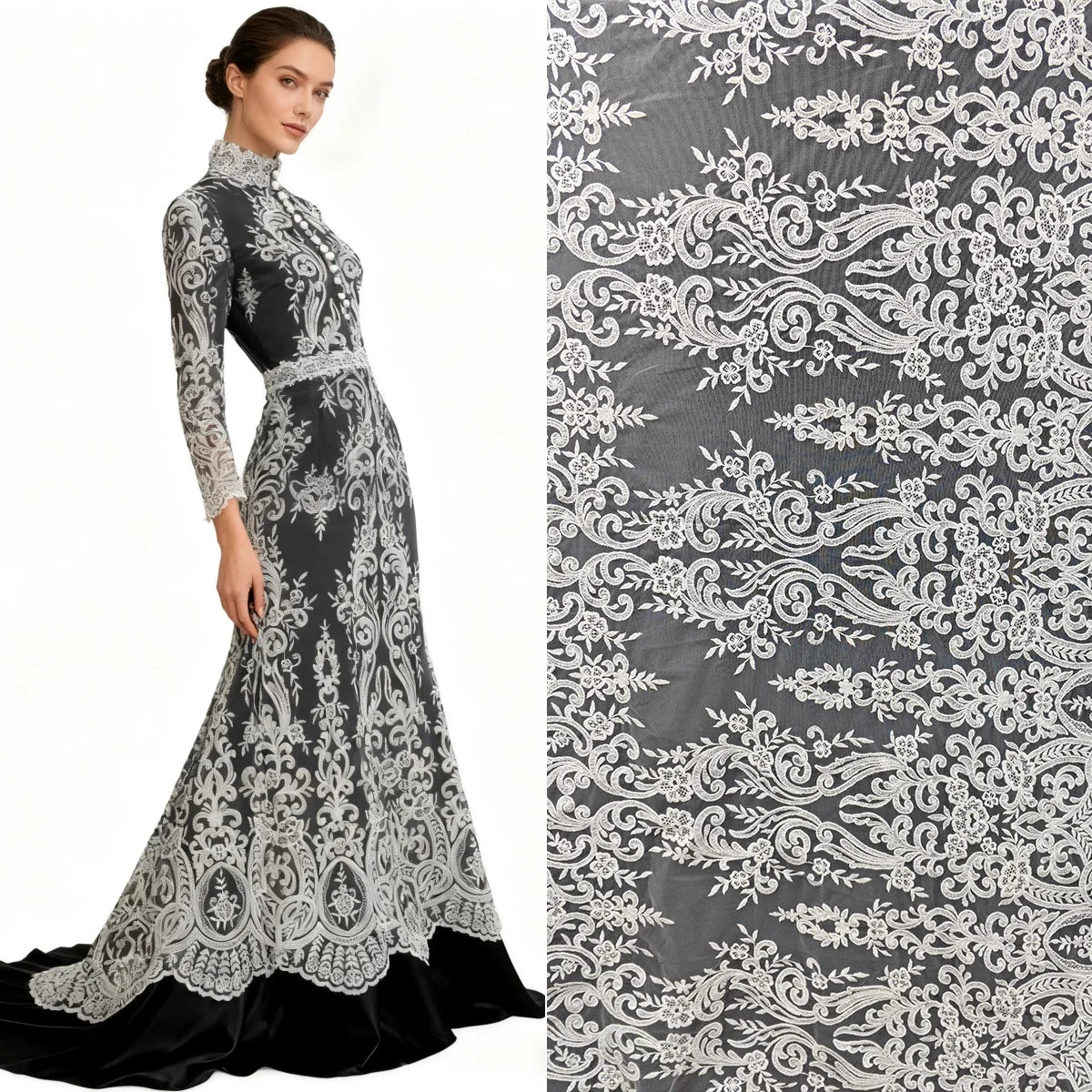 Tela de malla de encaje bordado blanco crudo de alta gama, diseño de vestidos de novia hechos a mano, accesorios de bricolaje, telas de decoración de ropa