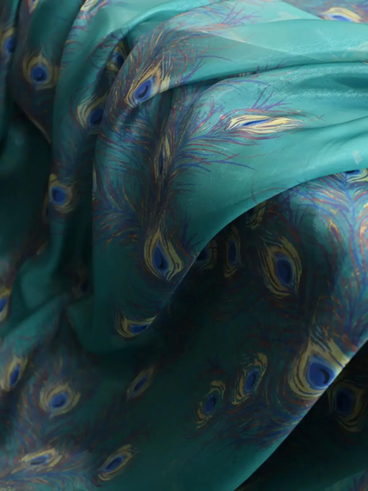 High-End Silk Peacock Feather Print Organza Fabric Water Gloss Yarn For Skirt Stage Clothing Decoration