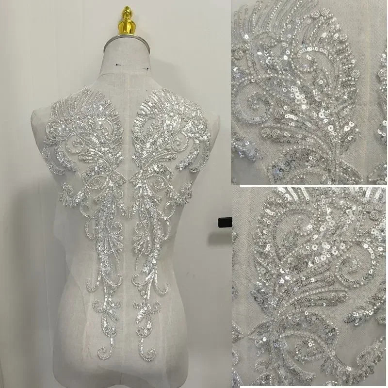 White Lace Applique Beaded Fabric - Wedding Dress Evening Gown Handcraft Accessories