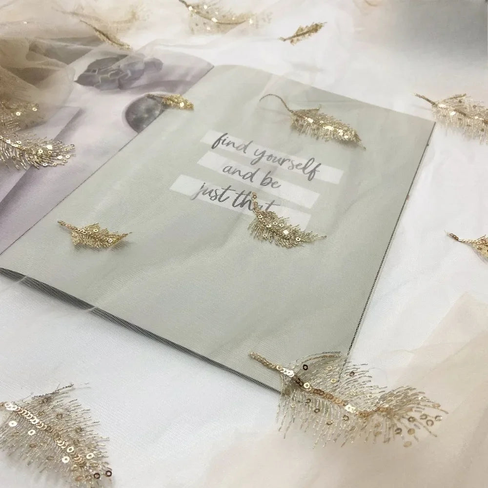 Bead Embroidered Flower Cloth In Stock, Long Spike Champagne Gold Feather Light Childr Gauze Skirt, Lace Mesh Embroidered Fabric