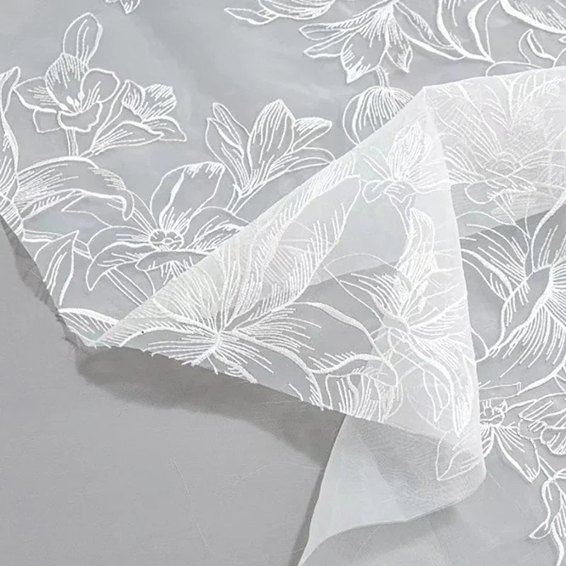 White Lily Embroidered Chiffon Lace Fabric - Elegant Material 130cm