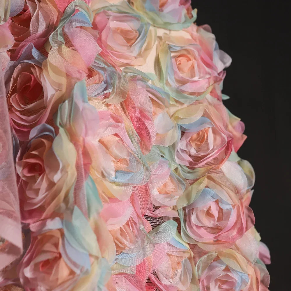 Tela de encaje de malla rosa con flores rosas 3D, semitransparente, bordada para confección creativa, para bodas, moda y manualidades.