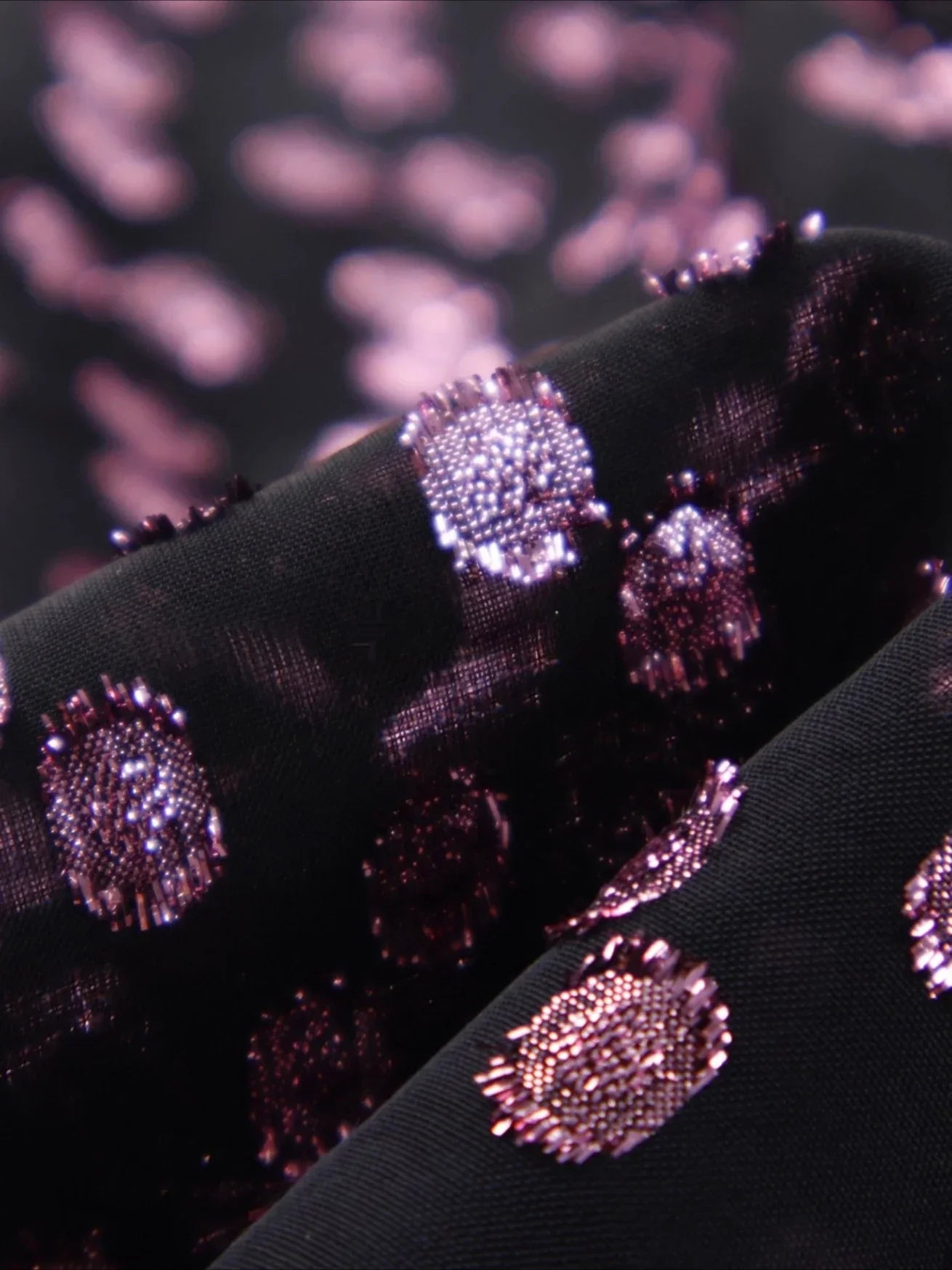Purple Red Wavelet Embroidery Semi Transparent Black Chiffon Fabric - Designer Material 140cm