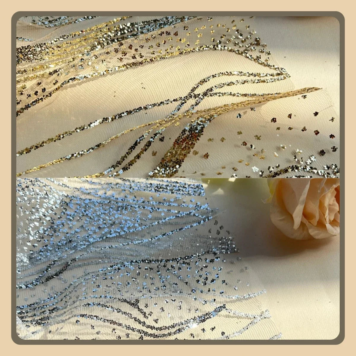 Tela de encaje con lentejuelas festoneadas y ondas de agua con cuentas de oro y diamantes para fondo de vestido de novia, decoración de cama y material de red