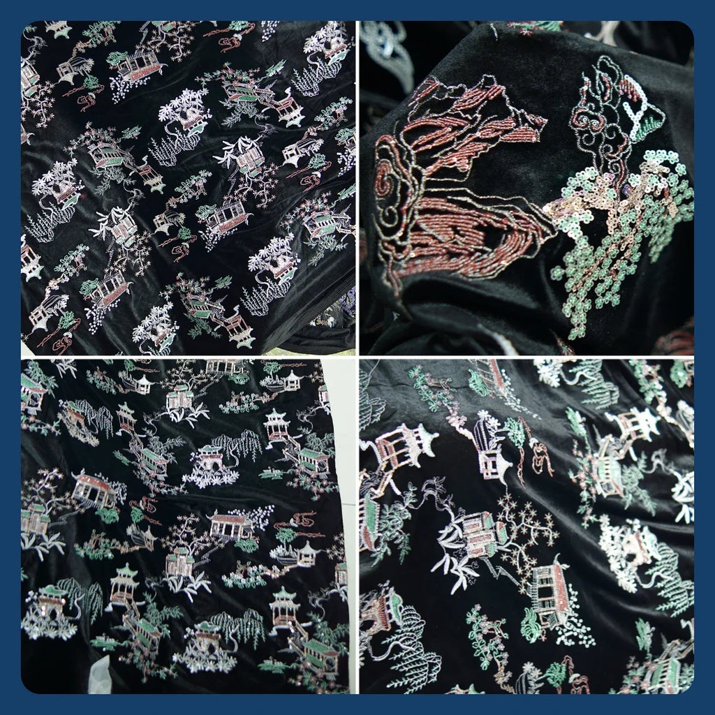 Luxe Floral Vine Embroidered  - Velvet Sequin Lace for Evening Gowns & Couture - fabric photo 2