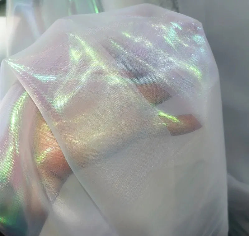 Unique Mermaid Iridescent Gradient Tulle Fabric in Pink Blue Rainbow Sheer Shimmer Textile Bridal Wedding Dress Decoration