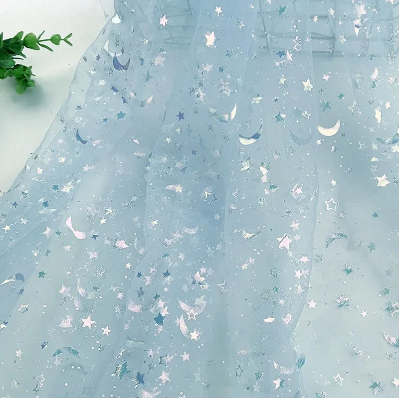 Dreamy Mesh Fabric For Children In Princess Style With Colored Star And Moon Printed Pattern Suitable For Wedding Dress Designer