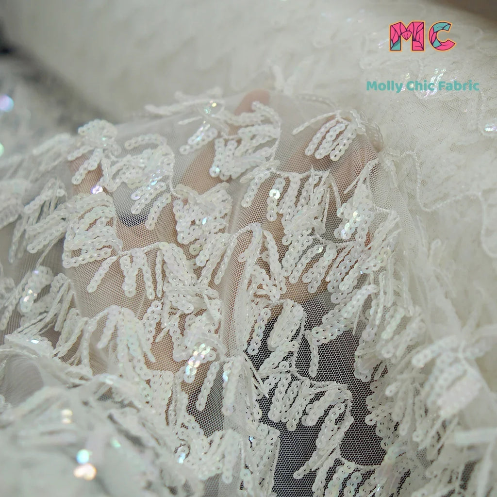 New mesh S-shaped tassel 5mm iridescent sequin embroidery fabric sewn Latin dance evening dress dress wedding fabrics for sewing
